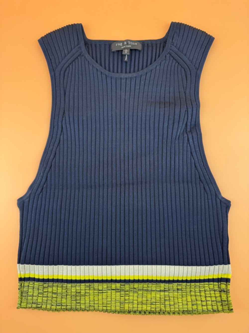 Rag & Bone Navy Blue White Yellow Striped Knit Top Size L Large